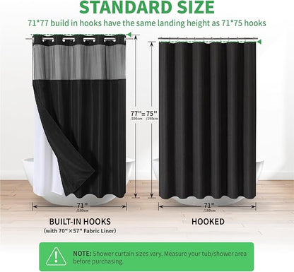 No Hooks Needed Linen Textured Shower Curtain with Snap-in Fabric Liner Set,Black Hotel Luxury Decor Shower Curtains for Bathroom,Waterproof & Washable,71Wx77H