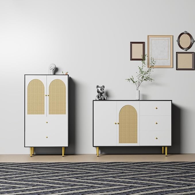 47 Inch Buffet Cabinet with Storage, Sideboard Entryway Cabinet, Buffet Table with Drawers and 2 Rattan Doors, Sideboard Coffee Bar Cabinets with Adjustable Shelf for Kitchen, Living Room
