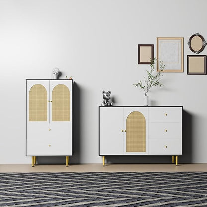47 Inch Buffet Cabinet with Storage, Sideboard Entryway Cabinet, Buffet Table with Drawers and 2 Rattan Doors, Sideboard Coffee Bar Cabinets with Adjustable Shelf for Kitchen, Living Room