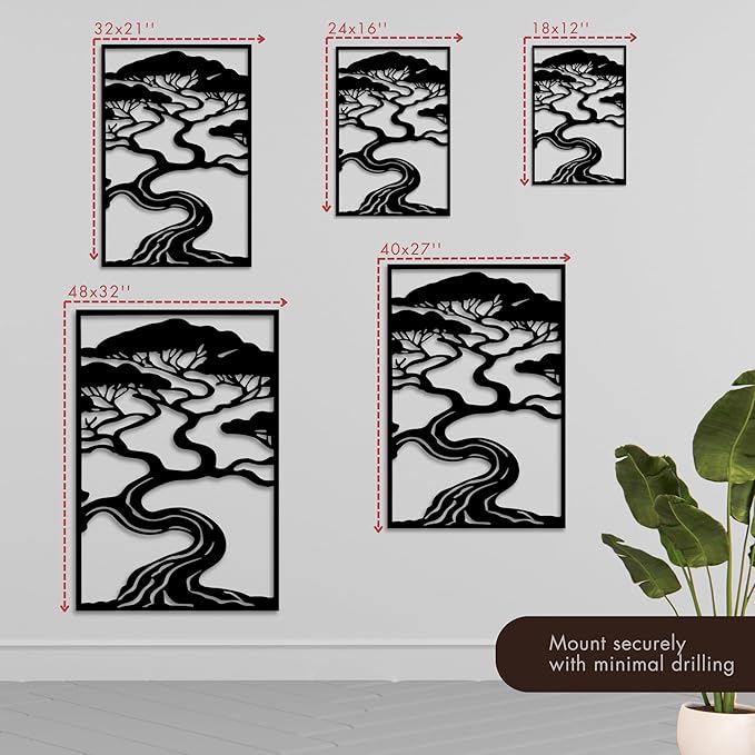 Bonsai Tree Metal Wall Art, Zen Nature Inspired Outdoor & Indoor Decor, Modern Framed Garden Wall Sculpture for Patio, Balcony, Living Room or Entryway (48×32 inches)
