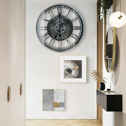 DORBOKER Real Moving Gears Wall Clock Large Modern Metal Clocks for Living Room Decor, Industrial Steampunk Unique Vintage Rustic Decorative Clock for Home Farmhouse Office, 27.6 Inch,Gunmetal Roman