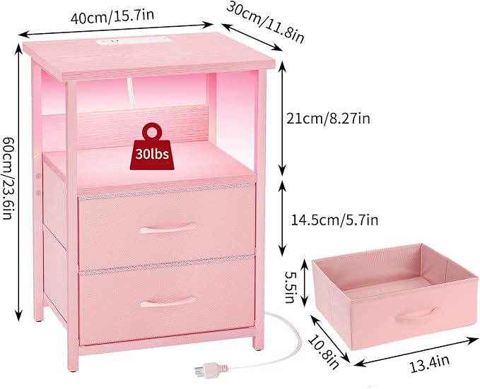 Fixwal Night Stand with Charging Station, LED Nightstand with U-S-B Ports and Outlets, 2 Fabric Storage Drawers with PU Finish, Small Bedside Table, Pink