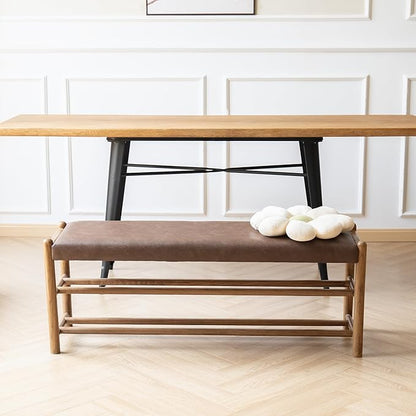 Solid Wood Entryway Bench with Shoe Storage, Rustic Oak Wood and PU Leather 45 Inch Long Seating for Living and Dining Rooms, 3-Tier Brown