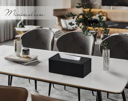 GOLRANLYE Tissue Box Cover Rectangular 9.8"(L) x 5.3"(W) x 4.3"(H) Refined Modern PU Leather Facial Tissue Dispenser Box Holder for Dresser Bathroom Decorative (Black)