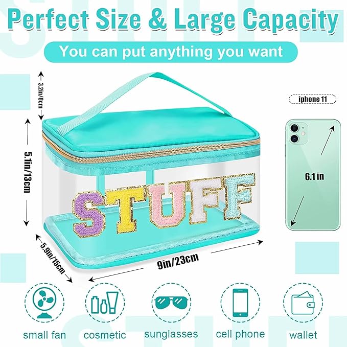 Chenille Letter Clear Makeup Bags Stuff Pouch, Preppy Patch Makeup Bag Zipper with Handle, Transparent PVC & Nylon Waterproof Glitter Cosmetic Handbag Travel Toiletry Storage for Women (STUFF-Green)