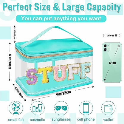 Chenille Letter Clear Makeup Bags Stuff Pouch, Preppy Patch Makeup Bag Zipper with Handle, Transparent PVC & Nylon Waterproof Glitter Cosmetic Handbag Travel Toiletry Storage for Women (STUFF-Green)