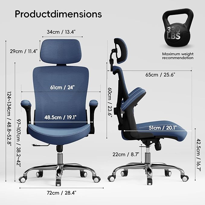 Office Home Ergonomic Desk Chair-Computer X-Shaped Chair Mesh PU Leather with Adjustable Lumbar Support-Executive Chair High Back Flip-Up Arms for Long Hours (Navy Blue)