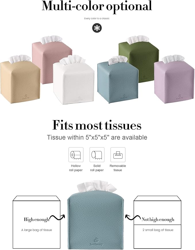 Tissue Box Cover, Jeethemy Square PU Leather Tissue Box Holder, Modern Tissue Case Facial Paper Organizer Dispenser，5X5X5'',Double Blue