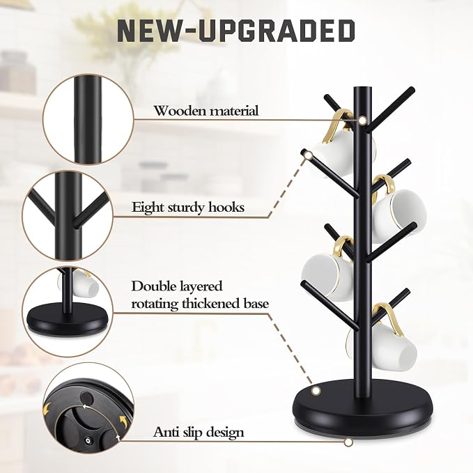 Bamboo Mug Holder Tree - Upgraded 360° Rotating 8 Hooks Coffee Cup Rack, Sturdy No-Tool Assembly Counter Organizer for Mugs, Jewelry & Accessories, Eco-Friendly Wood Stand(Black)