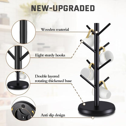 Bamboo Mug Holder Tree - Upgraded 360° Rotating 8 Hooks Coffee Cup Rack, Sturdy No-Tool Assembly Counter Organizer for Mugs, Jewelry & Accessories, Eco-Friendly Wood Stand(Black)