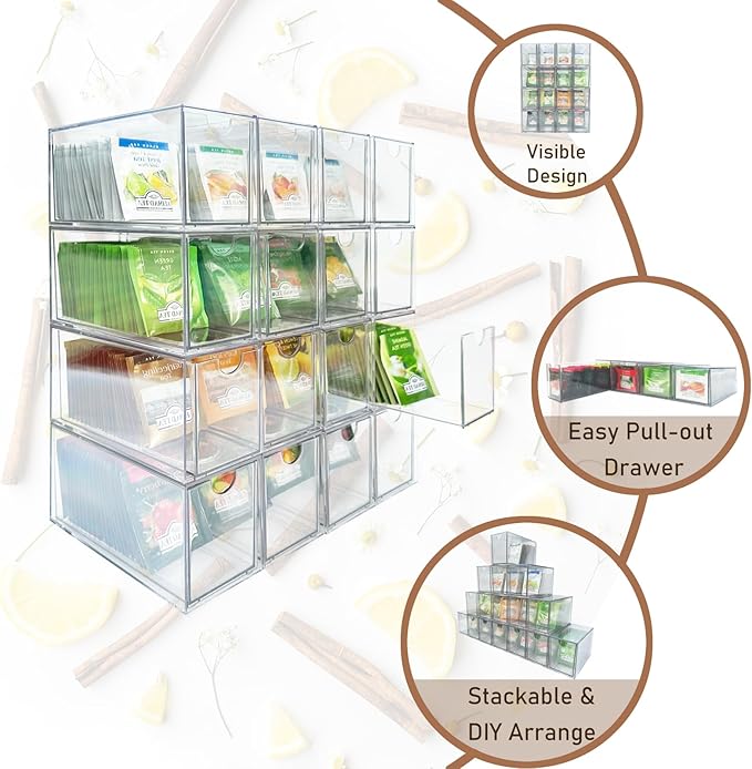 AZEZO 16-Pack Tea Bag Drawers Organizer - 16 Clear Plastic Drawer Tea Bag Holder; Stackable & Portable; Wider Size; Well-Organized Storage for Tea Bags & Kitchen Essentials；High Volume