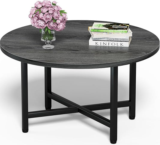 FAMIDGE Round Coffee Table, 23.6" Small Coffee Tables for Living Room, Circle Coffee Table with Metal Frame, Floor Table Desk for Sitting on The Floor, Home, Office, Grey