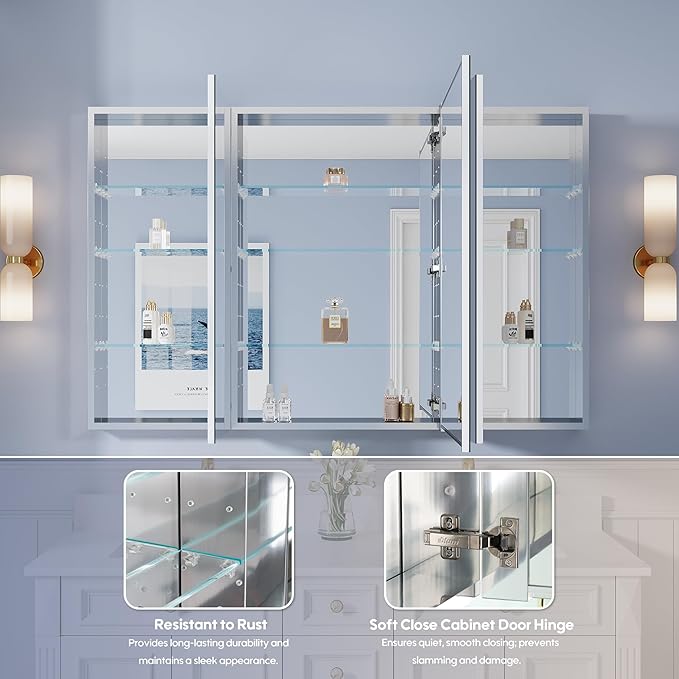WELLFOR 56" x 36" Bathroom Medicine Cabinet with Mirror, Anodized Chrome Aluminum Frame, Surface Mount or Recessed Medicine Cabinet with Mirror, Bathroom Mirror with Storage, Three Doors