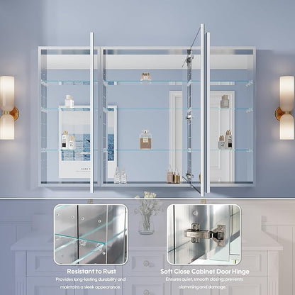 WELLFOR 56" x 36" Bathroom Medicine Cabinet with Mirror, Anodized Chrome Aluminum Frame, Surface Mount or Recessed Medicine Cabinet with Mirror, Bathroom Mirror with Storage, Three Doors