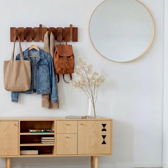 Youyole 8 Hooks Mid Century Modern Wooden Coat Hooks Wood Color Wall Mounted Folding Coat Rack Hanger Heavy Duty Flip Down Piano Hat Rack for Hanging Coats Hats Home