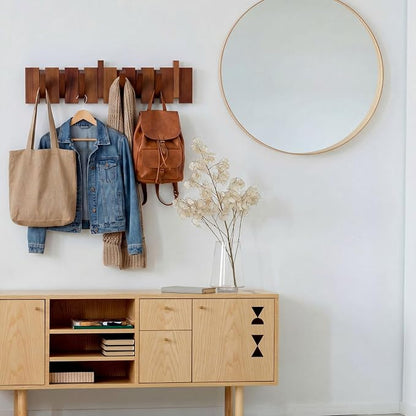Youyole 8 Hooks Mid Century Modern Wooden Coat Hooks Wood Color Wall Mounted Folding Coat Rack Hanger Heavy Duty Flip Down Piano Hat Rack for Hanging Coats Hats Home