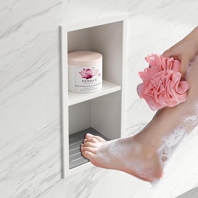 Qeke Shower Foot Rest for Shaving Legs, 304 Stainless Steel Footrest Niche with Shaving Holder, Recessed Shower Niche for Shaving Legs, Matte White, 5.9" X 12.3"