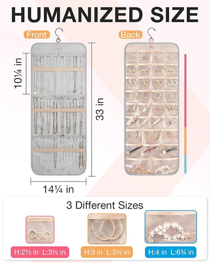BAGSMART Hanging Jewelry Organizer Storage Roll with Hanger Metal Hooks Double-Sided Jewelry Holder for Earrings, Necklaces, Rings on Closet, Wall, Door, 1 piece, Large, Grey