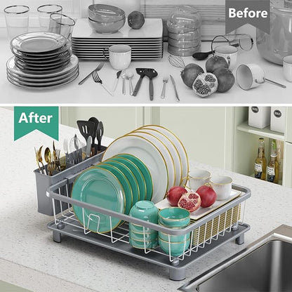 Hiviweer Dish Drying Rack - Space-Saving Dish Rack,Dish Racks for Kitchen Counter with Drainboard, Rustproof Dish Drainer with a Removable 4-Compartment Utensil Holder,Gray