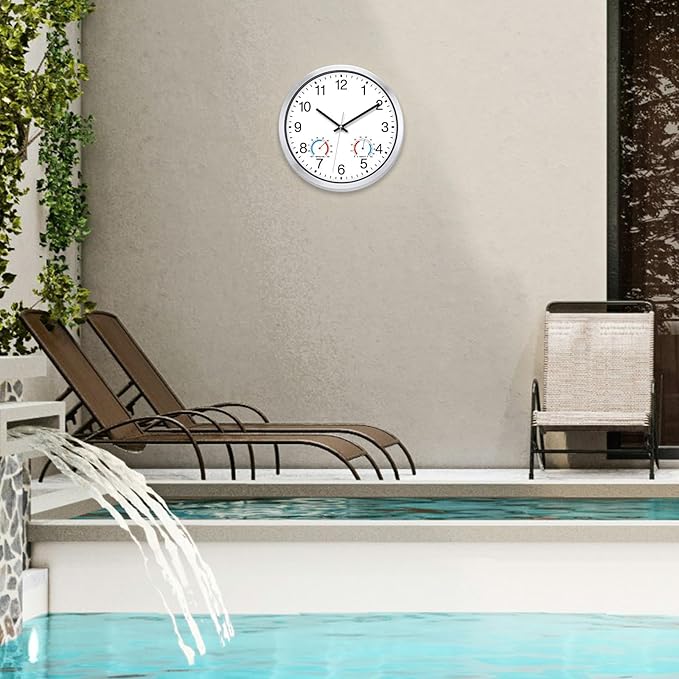 Caysie 12 Inch Sealed Indoor Outdoor Clocks Waterproof with Thermometer and Hygrometer Combo, Silent Battery Operated Quartz Wall Clock for Patio Pool Bathroom Outside Home (Silver)