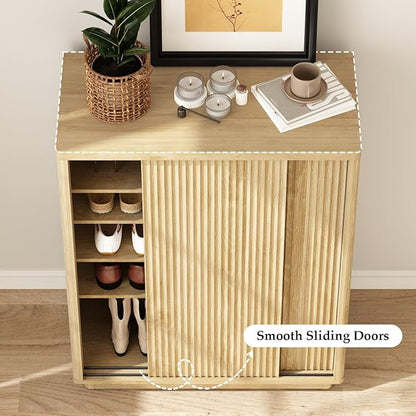 Fluted Shoe Cabinet with Sliding Door Set of 3, 6-Tier Large Hidden Storage Organizer Modern Shoe Rack with Adjustable Shelves, Mid Century Freestanding Wooden Shoe Storage Cabinet for Entryway,Oak