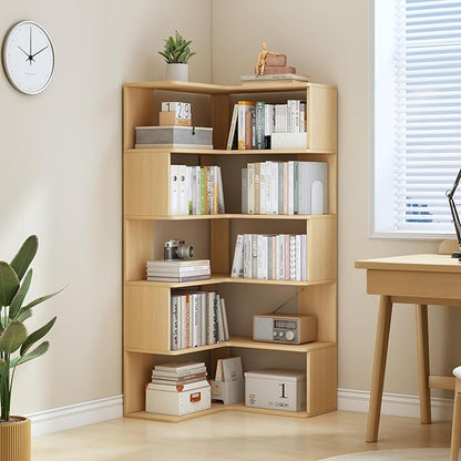 IOTXY 6-Tier L-Shaped Corner Bookshelf - 66" Tall Wooden Freestanding Bookcase with Open Shelf Units, Oak