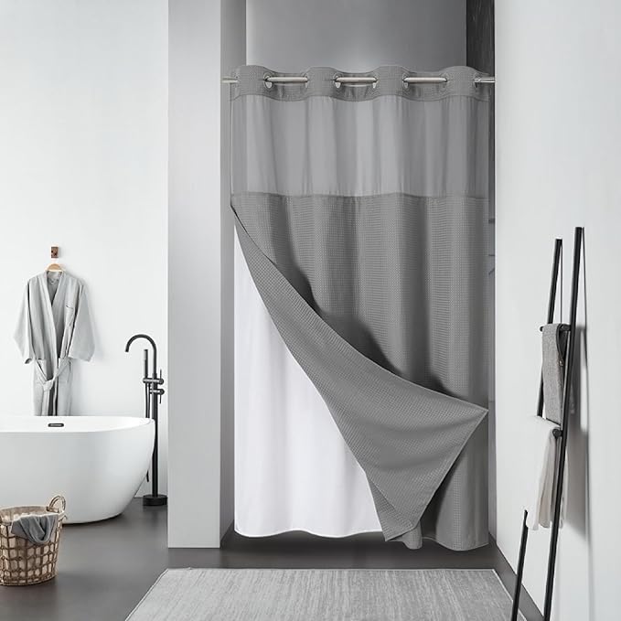 Grey No Hook Waffle Weave Shower Curtain with snap-in Liner Replacement, 230GSM Waterproof Fabric Hotel Shower Curtain Set for Bathroom, Through Mesh Top Window,48Wx74H