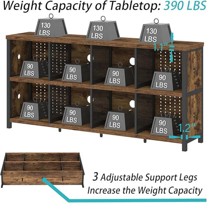 LVB Rustic Horizontal Bookshelf, Industrial Bookcase Cube Storage Organizer, Wide Large Metal Wooden Office Cube Shelf, Farmhouse Low Long Book Shelf for Home Bedroom Living Room, Rustic Brown, 63 in