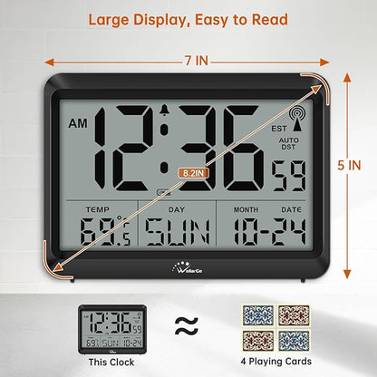 WallarGe Atomic Digital Wall Clock Battery Operated, Self-Setting, Large Display with Temperature, Date, Day of The Week, Silent Wall Mount Digital Clock, 4 Time Zones, DST