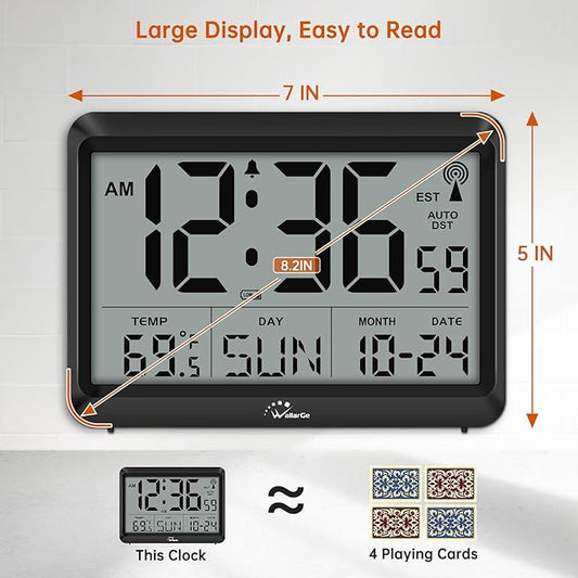 WallarGe Atomic Digital Wall Clock Battery Operated, Self-Setting, Large Display with Temperature, Date, Day of The Week, Silent Wall Mount Digital Clock, 4 Time Zones, DST
