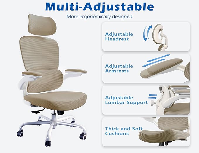 TRALT Ergonomic Office Chair - Desk Chair with Adjustable Headrest Lumbar Support Computer Chair - Mesh Comfy Chair with Flip-up Armrests - Gaming Chairs for Adults Home Office (PU Leather,Khaki)