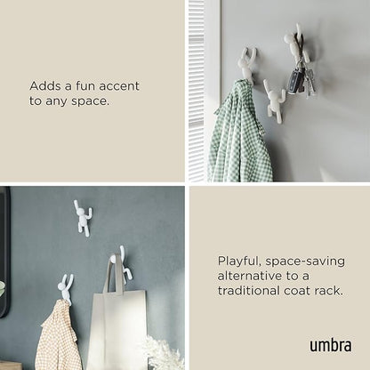 Umbra Buddy Wall Hooks – Decorative Wall Mounted Coat Hooks for Hanging Coats, Scarves, Bags, Purses, Backpacks, Towels and More, Set of 3, White