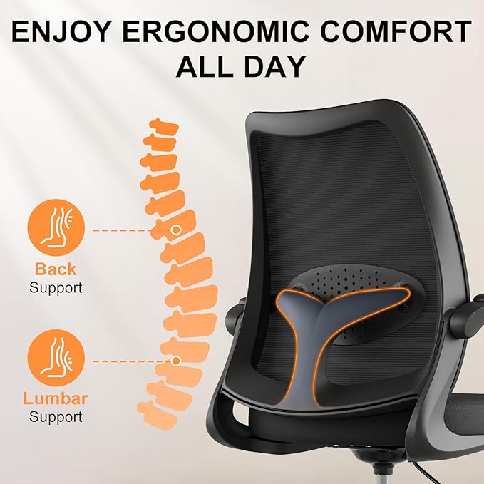 Tall Drafting Chair Ergonomic Home Office Desks Chairs Standing Desk Chair with Flip-up Armrests Adjustable Height Breathable Mesh Office Chair with Lumbar Support and Adjustable Footrest Ring Black
