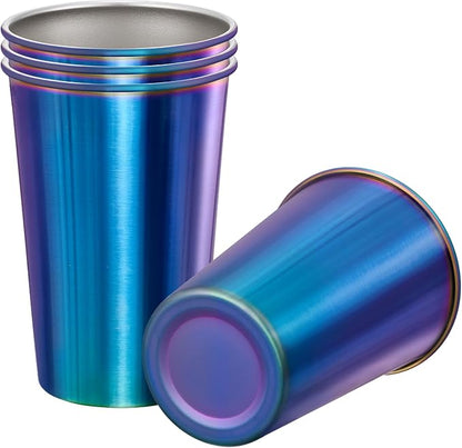 MEWAY 4 Pack 16oz Stainless Steel Pint Cup,Healthy Unbreakable and Stackable,Metal Drinking Glasses，Beer Glasses（Rainbow）