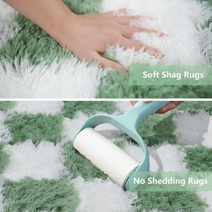 Shag Runner Rug for Bedroom Living Room 2x6 Upgrade Non-Slip Fluffy Soft Bedside Rugs,Green and White Shaggy Carpet for Livingroom Dorm Home Decor Aesthetic