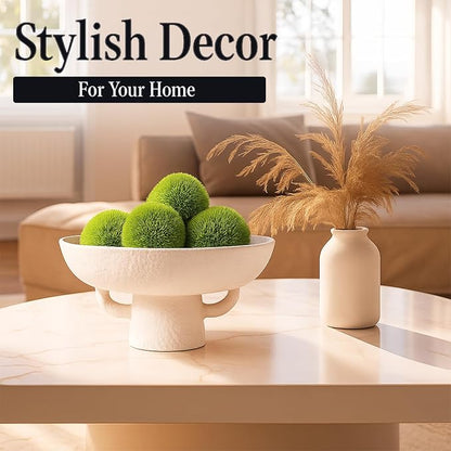 Luxurious White Textured Ceramic Bowl and Greenery Set,12.5x10.5 Inch Pedestal Decorative Bowl, with 6 Green Succulent Moss Balls, Counter Top, Farmhouse Table Centerpiece, Living Room, Kitchen Decor