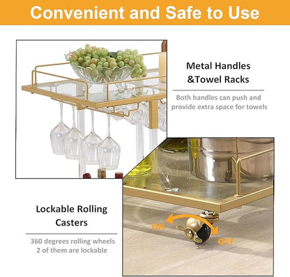 Bar Cart for Home Bar Chrome Serving Cart with Wine Rack 2-Tier Acrylic Rolling Bar Carts on Wheels Clear Dessert Cart Lucite Bar Stand Glass Liquor Cart for Living Room Kitchen Club Gold