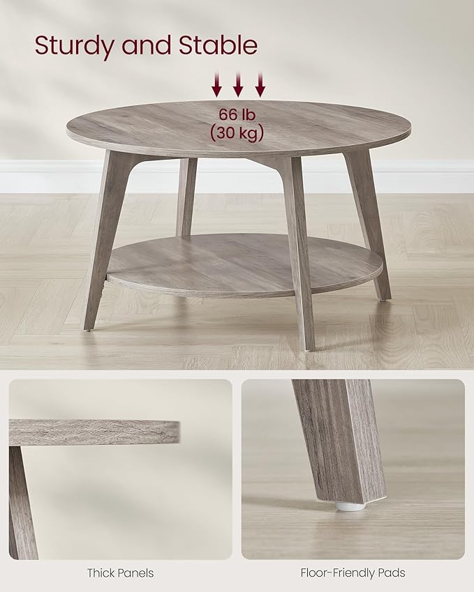 VASAGLE MAEZO Collection - Round Coffee Table, 2-Tier Center Table with Storage, Tapered Legs, Curved Transitions, 31.5 Dia. x 17.7 H Inches, Easy Assembly, for Living Room, Heather Greige ULCT243K02