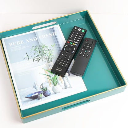 Spsyrine Green Decorative Serving Tray with Handles, 13" X 13" Square Plastic Coffee Table Tray for Ottoman, Living Room, Bathroom, Home Decor.