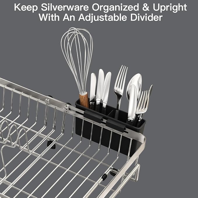 MAJALiS Dish Drying Rack Over The Sink with Utensil Holder, Mat | Expandable Stainless Steel Dish Drainer for Small Kitchen, Apartment, RV, Counter Space Saving, Perfect Fit, Rustproof