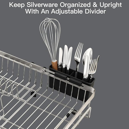 MAJALiS Dish Drying Rack Over The Sink with Utensil Holder, Mat | Expandable Stainless Steel Dish Drainer for Small Kitchen, Apartment, RV, Counter Space Saving, Perfect Fit, Rustproof