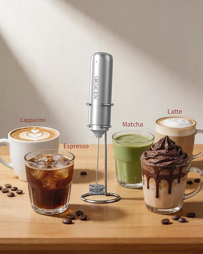 CIRCLE JOY Rechargeable Milk Frother Handheld with Stand,Dual Spring Whisk Electric Coffee Frother Wand, Portable Hand Frother Drink Mixer for Matcha Lattes Cappuccino, Coffee Lover Gift, Silver