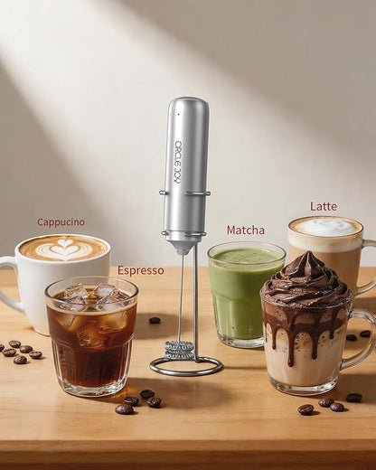 CIRCLE JOY Rechargeable Milk Frother Handheld with Stand,Dual Spring Whisk Electric Coffee Frother Wand, Portable Hand Frother Drink Mixer for Matcha Lattes Cappuccino, Coffee Lover Gift, Silver