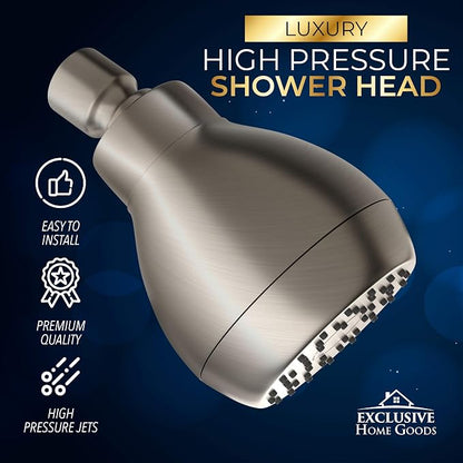 High Pressure Shower Head - Powerful Deluxe Bathroom Showerhead with Strong Spray Stream and Small Silicone Nozzles - Universal Fit Works with High and Low Water Flow Showers (Brushed Nickel)-1.8 GPM