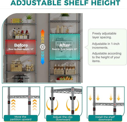 SINGAYE Shelf Wire Shelving Adjustable Storage Shelves Rack Standing Units for Kitchen Closet Laundry Bathroom Organizers Metal Pantry Narrow Mesh Gaps 14" D x 24" W x 72" H Grey
