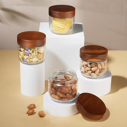 Bumobum 8 oz Glass Mason Jars with Lids, Small Glass Container with Acacia Wood Airtight Lid, Wide Mouth Canisters for Chia Pudding Loose Tea Coffee Salad Snacks Yogurt Spice, 6-Pack