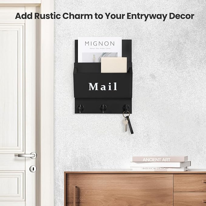 Mail and Key Holder - Decorative 8.86" x 11.42" Wall Key Hanger with 2 Mail Organizer Slots and 3 Hooks - Real Paulownia Wood with Keyhole Brackets, Hardware and Instructions (Black)