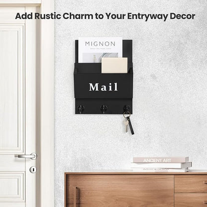 Mail and Key Holder - Decorative 8.86" x 11.42" Wall Key Hanger with 2 Mail Organizer Slots and 3 Hooks - Real Paulownia Wood with Keyhole Brackets, Hardware and Instructions (Black)