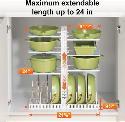 LAMU Pots and Pans Organizer under Cabinet, Pan Pot Organizers inside Cabinet with 6 Shelves and Pot Lid Organizer, Adjustable Height Up to 24", Holds up to 12 Pans, Lightweight Pots, White