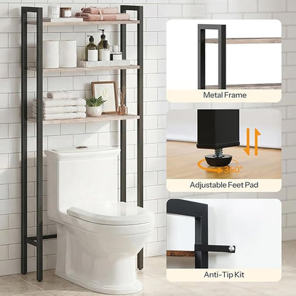 HOOBRO Over The Toilet Storage, 3-Tier Bathroom Organizer Shelf Over Toilet, Freestanding Bathroom Storage Shelves, Space Saver, Easy to Assemble for Room, Greige and Black BG41TS01